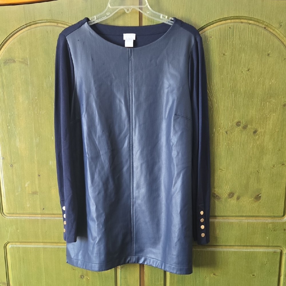 Chico's Blue Long Sleeve Top - Faux leather front - Size Large (Chico's size 2)